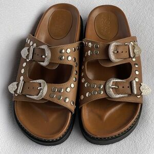 TOKO COASTAL Brown Leather Studded Sandals with Silver Buckles, Size 8